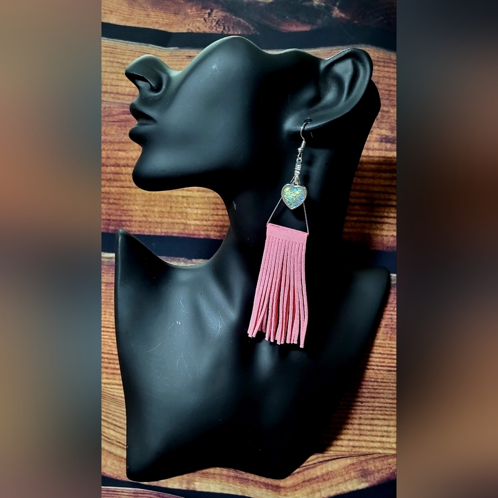Pink western style Mermaid heart fringe tassel earrings